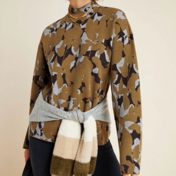 Anthropologie Sweaters - Anthropologie Floral Brown and Cream Mock Neck Knit Sweater Medium